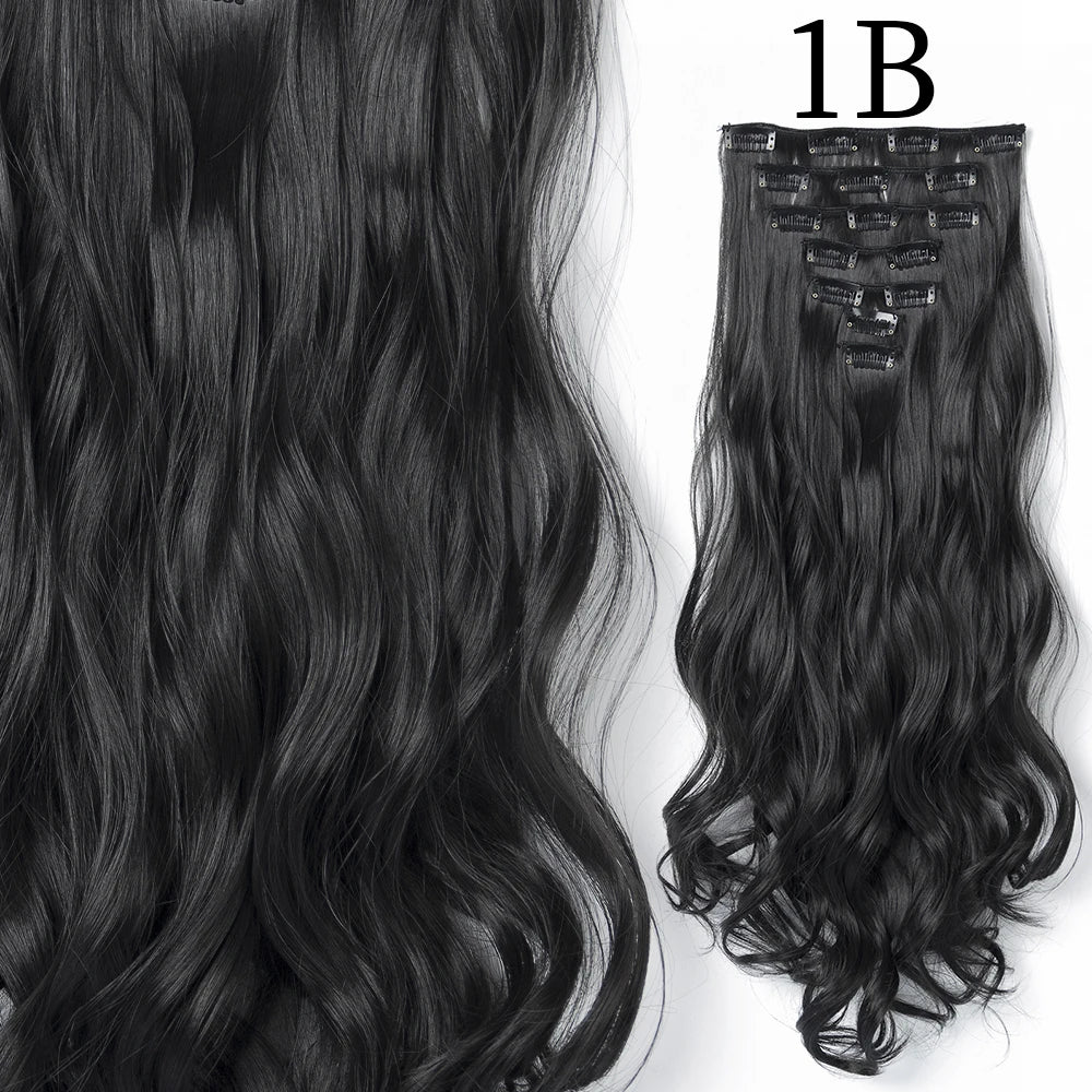 Extensions de Cheveux Synthétiques Longs et Lisses, Postiches Blondes Noires, Degré de Chaleur, Faux Cheveux, 24 Pouces, 16 Clips