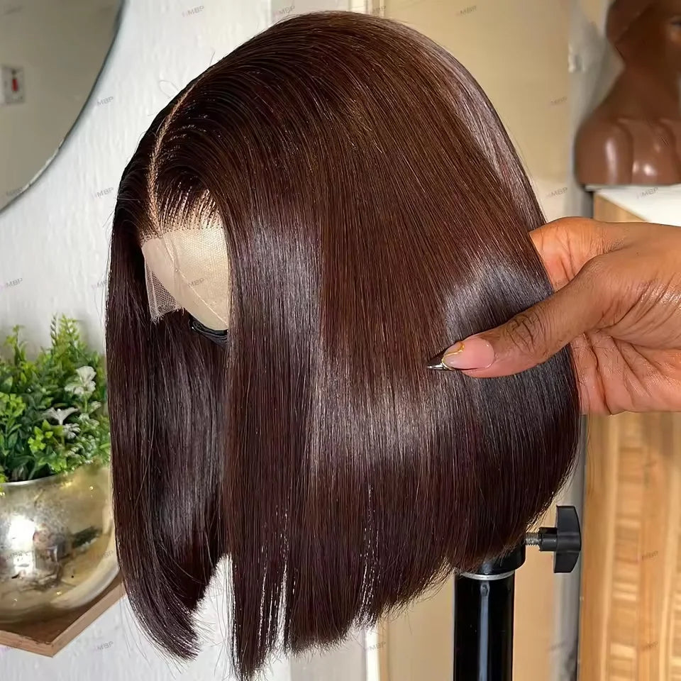 13X4 chocolat brun droite Bob perruque 4X4 soyeux droite HD dentelle frontale perruque naturel délié pré plumé cheveux humains 100% 16 pouces