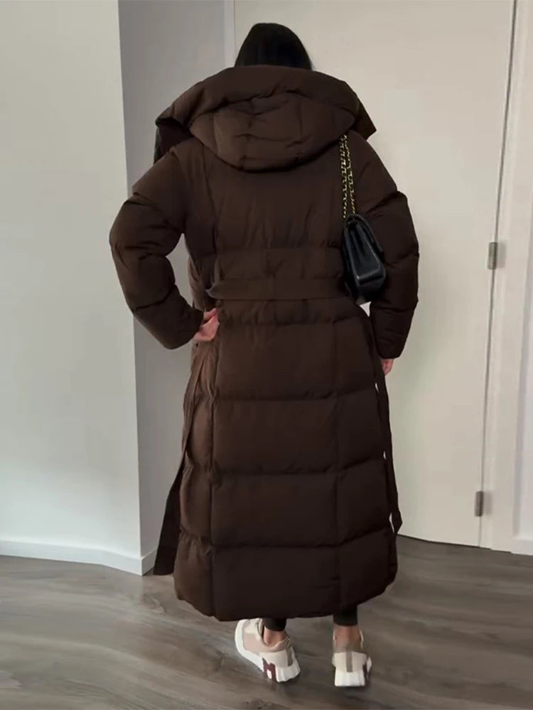 Veste longue à lacets à capuche pour femme, couleur unie, fermeture éclair, manches longues, manteaux amples, polyvalents, chauds et minimalistes, nouvelles vestes d'hiver pour femmes