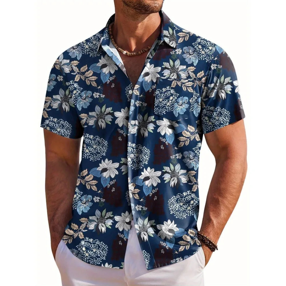 Men's Short Sleeve Shirt Hawaiian Botanical Flower Print Lapel Seaside Button-Down Shirt Top Casual Fashionable Shirts