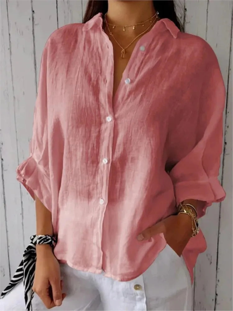 Chemise en lin de coton pour femmes, chemisier à lacets, nœud au dos élégant, monochromatique, décontracté, demi-manche à revers, printemps, été, nouveau