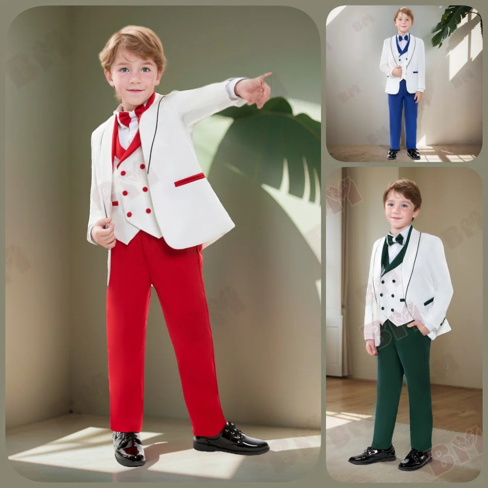 Vente chaude rouge blanc contraste garçons costume formel ensemble 3-14 ans 2026 4 pièces enfants mariage smoking Blazer gilet pantalon nœud papillon
