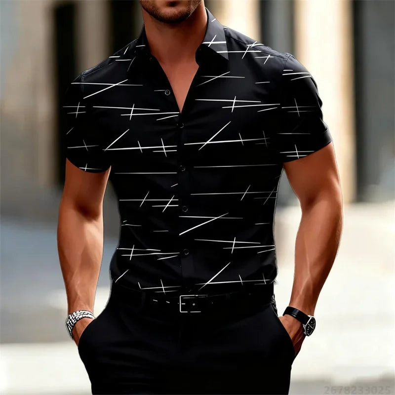 Chemise à manches courtes pour homme, 18 couleurs, nouvelle collection 2026, imprimé lignes géométriques, style urbain décontracté, col slim, tissu confortable