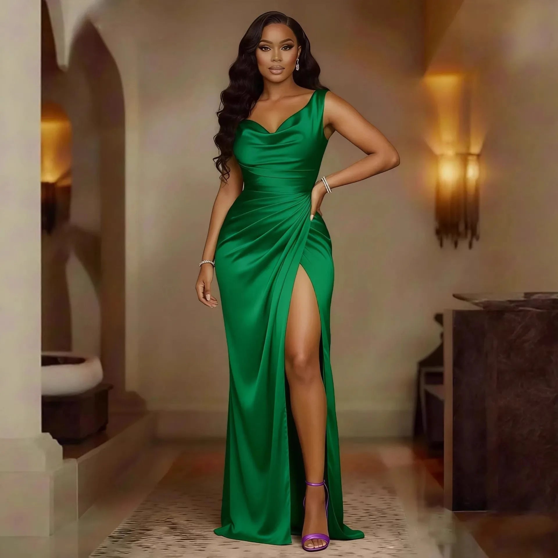 Nouvelle Robe Moulante Unie pour Femme Été 2026, Col en V, Sans Manches, Ourlet Fendu, Élégante pour Soirée, Banquet et Cérémonie