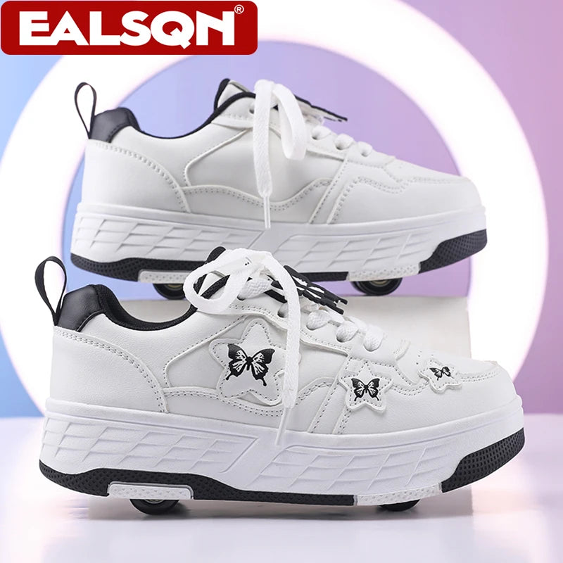 Chaussures de marche à 4 roues avec motifs papillons, baskets de sport d'extérieur pour enfants, rollers pour adolescents et filles, divertissement