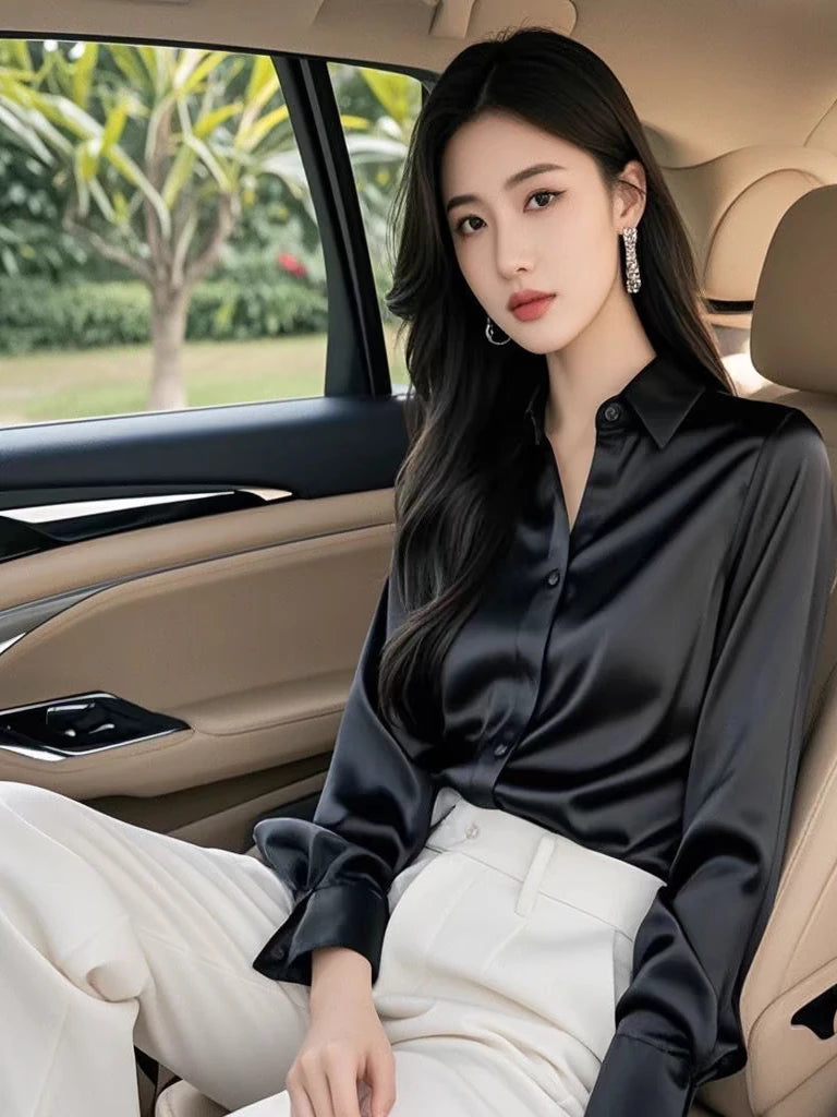 Chemise élégante en satin à manches longues pour femme, idéale pour le bureau, style coréen, coupe ample avec détails boutonnés