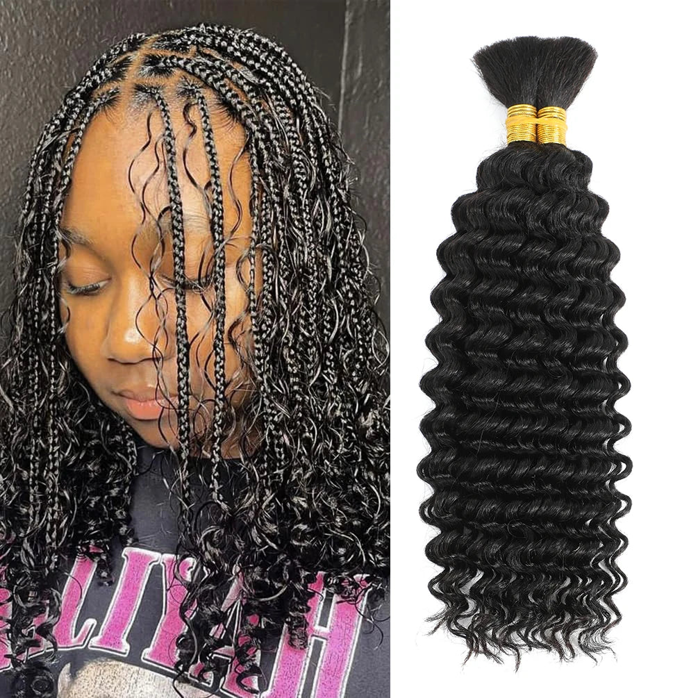 2 lots de cheveux humains à tresser pour tresses bohèmes, 14 pouces 100g 10A Cheveux humains brésiliens vierges en vrac à ondulations profondes pour tressage