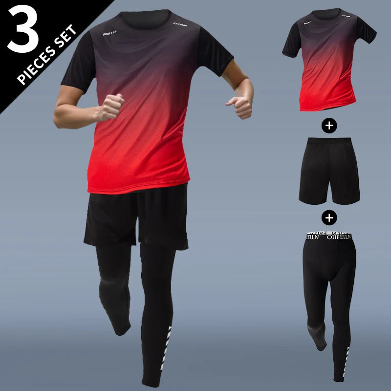 Combinaison de sport dégradée pour hommes, 3 pièces, séchage rapide, loisirs, sport, course à pied, manches courtes, pantalon de Protection solaire confortable, Short Joker