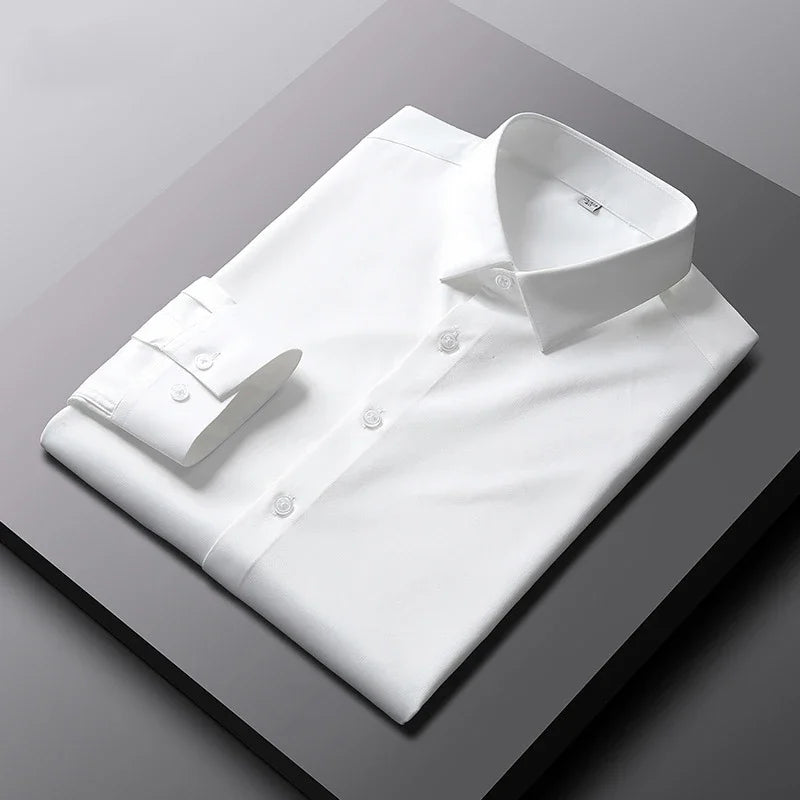 Chemise à manches longues pour hommes, couleur unie, décontractée et à la mode, haut d'affaires sans repassage et résistant aux rides