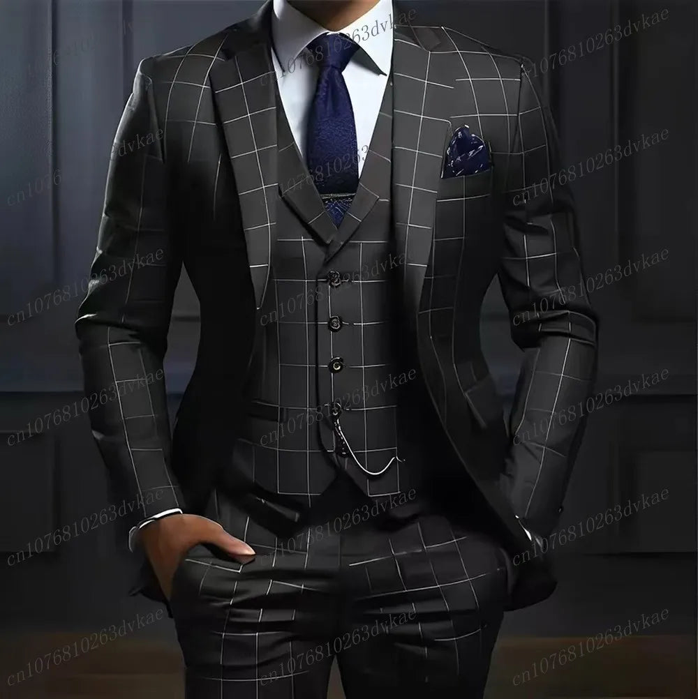 Nouveau Plaid bleu marine hommes costume marié Groomsman fête de mariage formel affaires bal mâle Tuxedos 3 pièces ensemble Blazer gilet pantalon