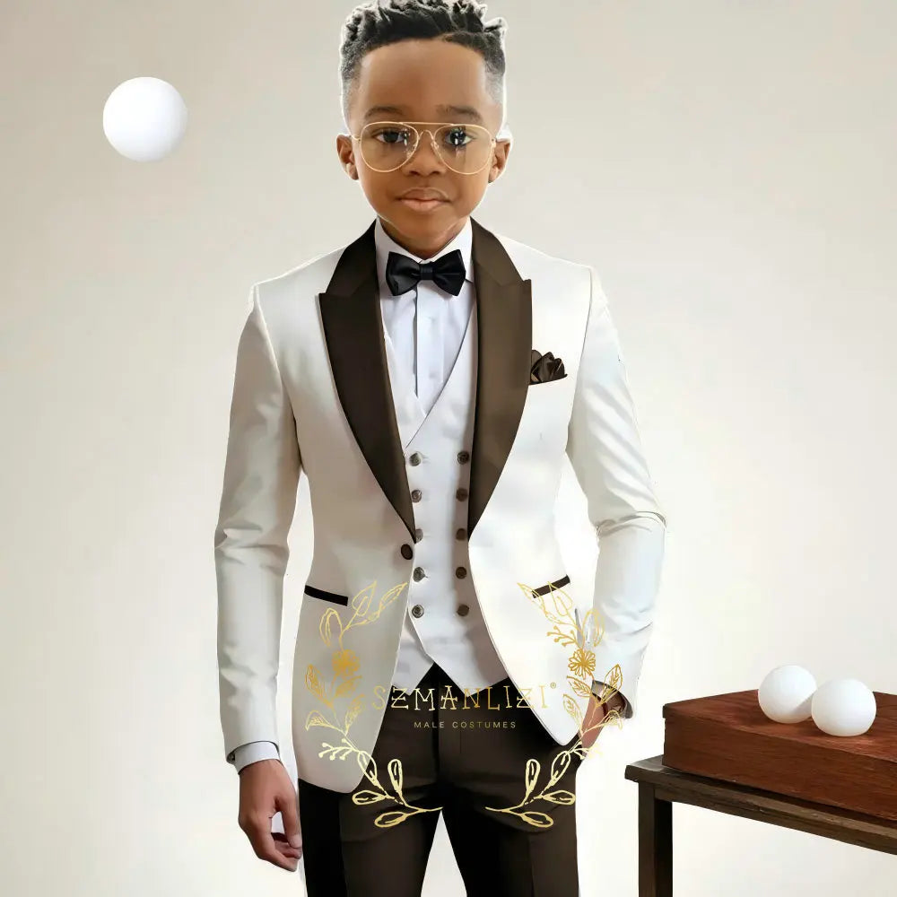 Costume ivoire pour garçons, mode formelle à fleurs, Tuxedos de mariage, ensemble 3 pièces (veste pantalon gilet), costume de fête ajusté, vêtements pour enfants