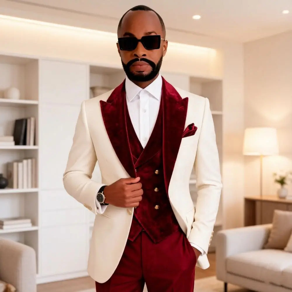 Costumes en velours pour hommes, coupe ajustée, 3 pièces, pour mariage, bal de promo, col châle bordeaux, personnalisable, élégant, pour cérémonie de gala