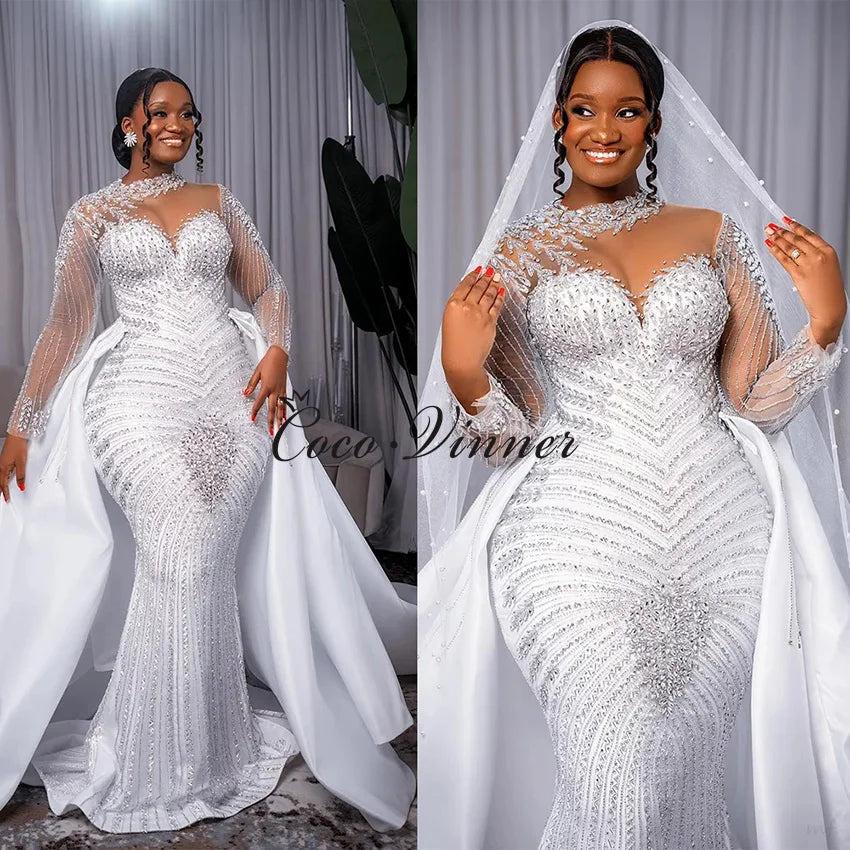 Robe de mariée sirène exquise brodée de dentelle perlée personnalisée avec jupe détachable, nouvelle collection 2026, robes de mariée 2-en-1 W1539