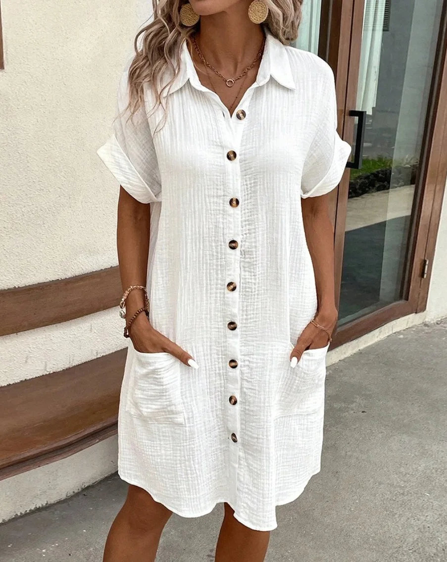 Robe ample à la mode pour femmes, simple boutonnage, manches Raglan, avec poche, tunique d'été, chemise courte, robe de bureau