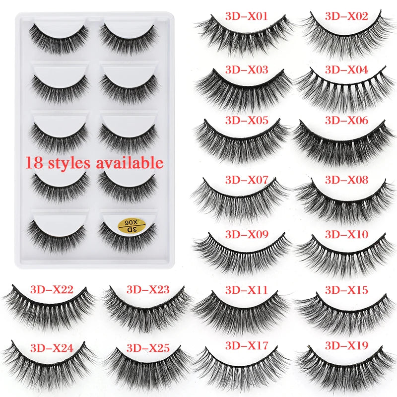 Cils 3D en faux vison X05, cils postiches volumineux et légers, 5 paires réutilisables, cils doux et volumineux, aspect naturel pour le maquillage quotidien et les soirées