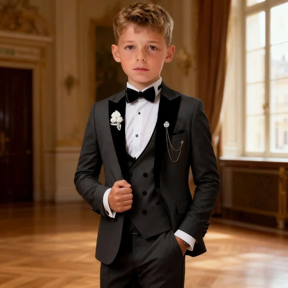 Costume formel pour enfants, livraison en 10 jours, costume de mariage pour garçon, costume de remise de diplôme scolaire, revers en velours noir, spectacle sur scène