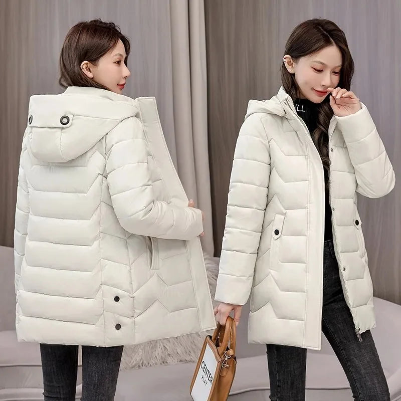Manteau long et fin matelassé en coton pour femme, chaud, nouvelle collection hiver 2026, avec capuche amovible, parka grande taille pour femme
