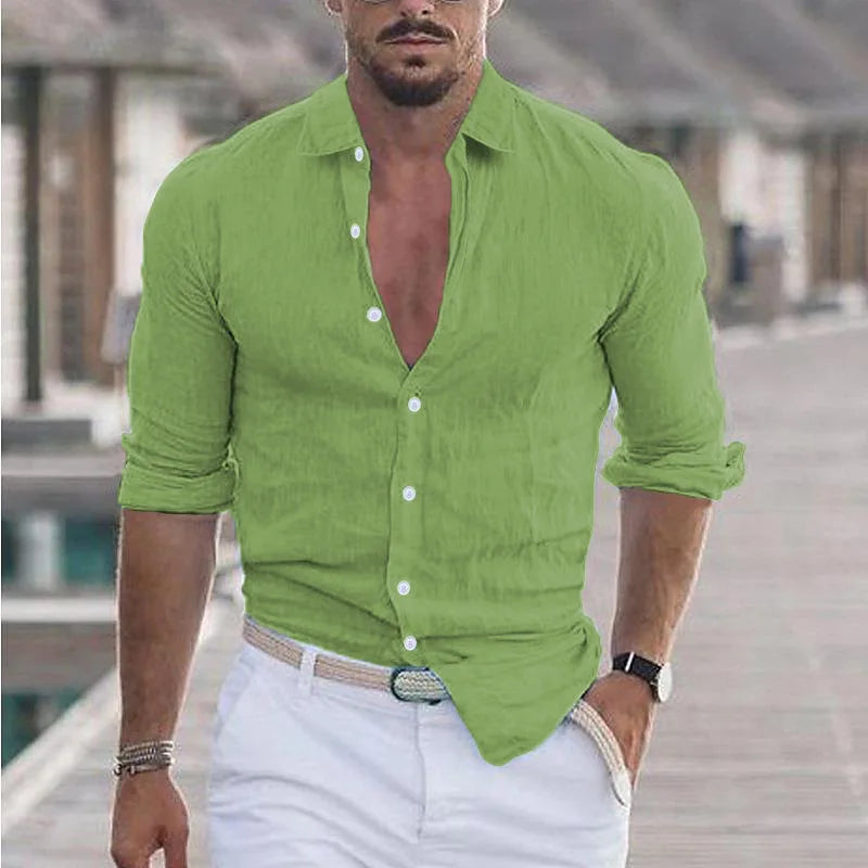 Chemisier hommes nouvel été coton lin revers plage chemise col rabattu à manches longues couleur unie vacances blusas camisas YRW5899