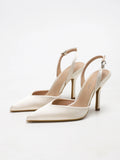 Sandales à talons slingback à bout pointu en satin ivoire pour femmes