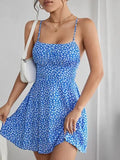 Mini-robe bleue à imprimé floral pour femme, bretelles spaghetti, buste froncé, dos nu, ourlet évasé, tenue d'été décontractée