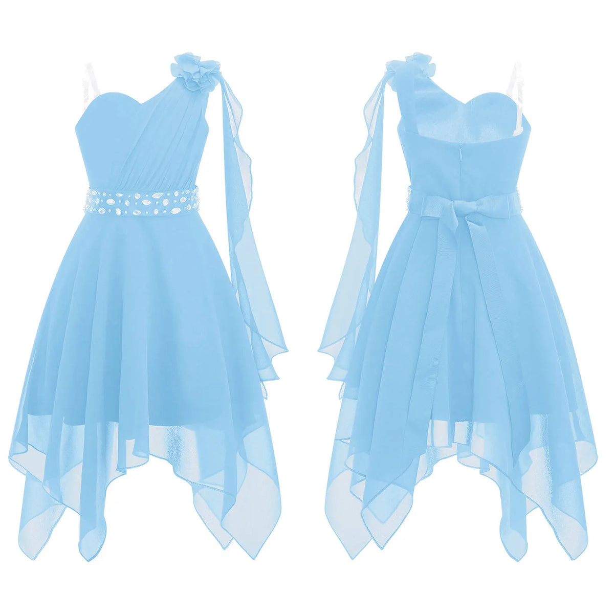 Robes d'été sans manches pour filles, col licou, en mousseline de soie, à volants, robe de soirée de mariage pour demoiselle d'honneur junior, robe irrégulière en Faux diamant