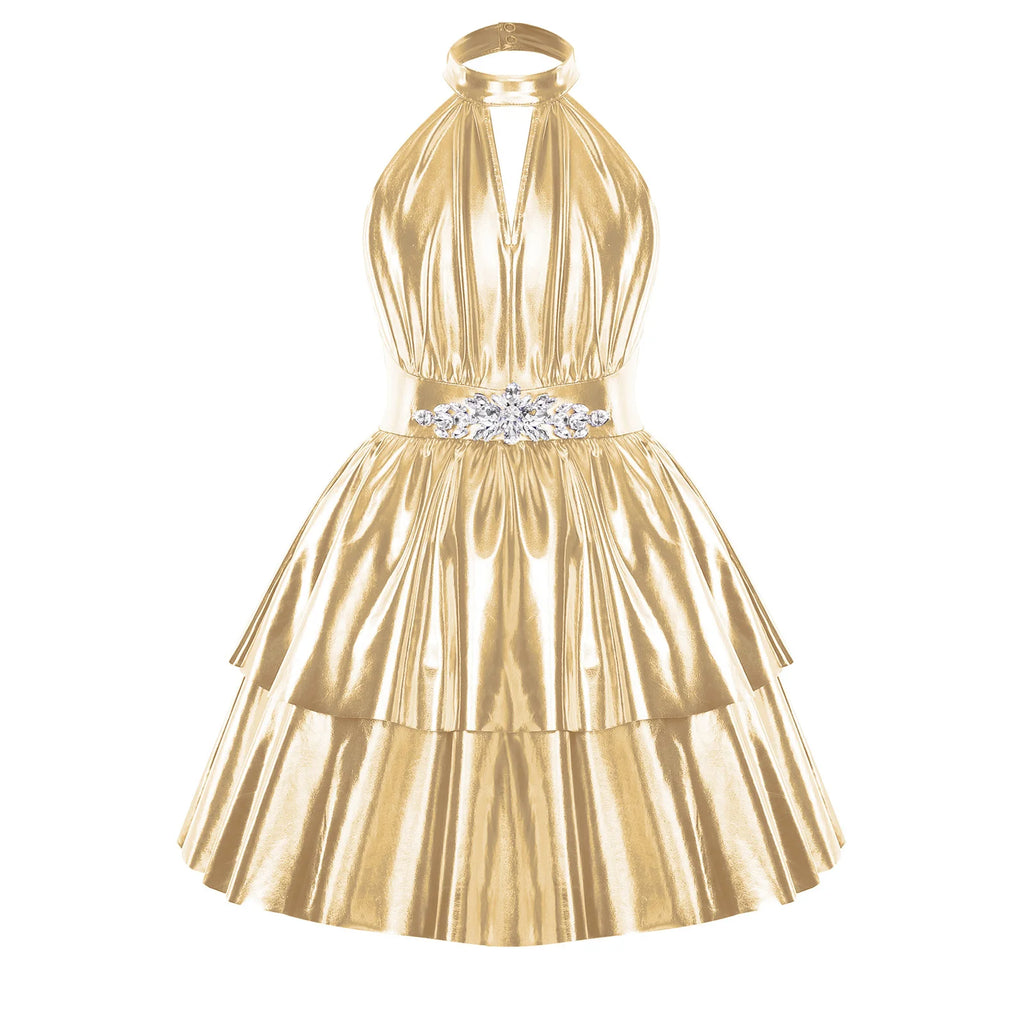 Robe de soirée métallique brillante pour enfants filles, dos nu, sans manches, strass, ourlet à plusieurs niveaux, robe trapèze, robe de bal de concours d'anniversaire