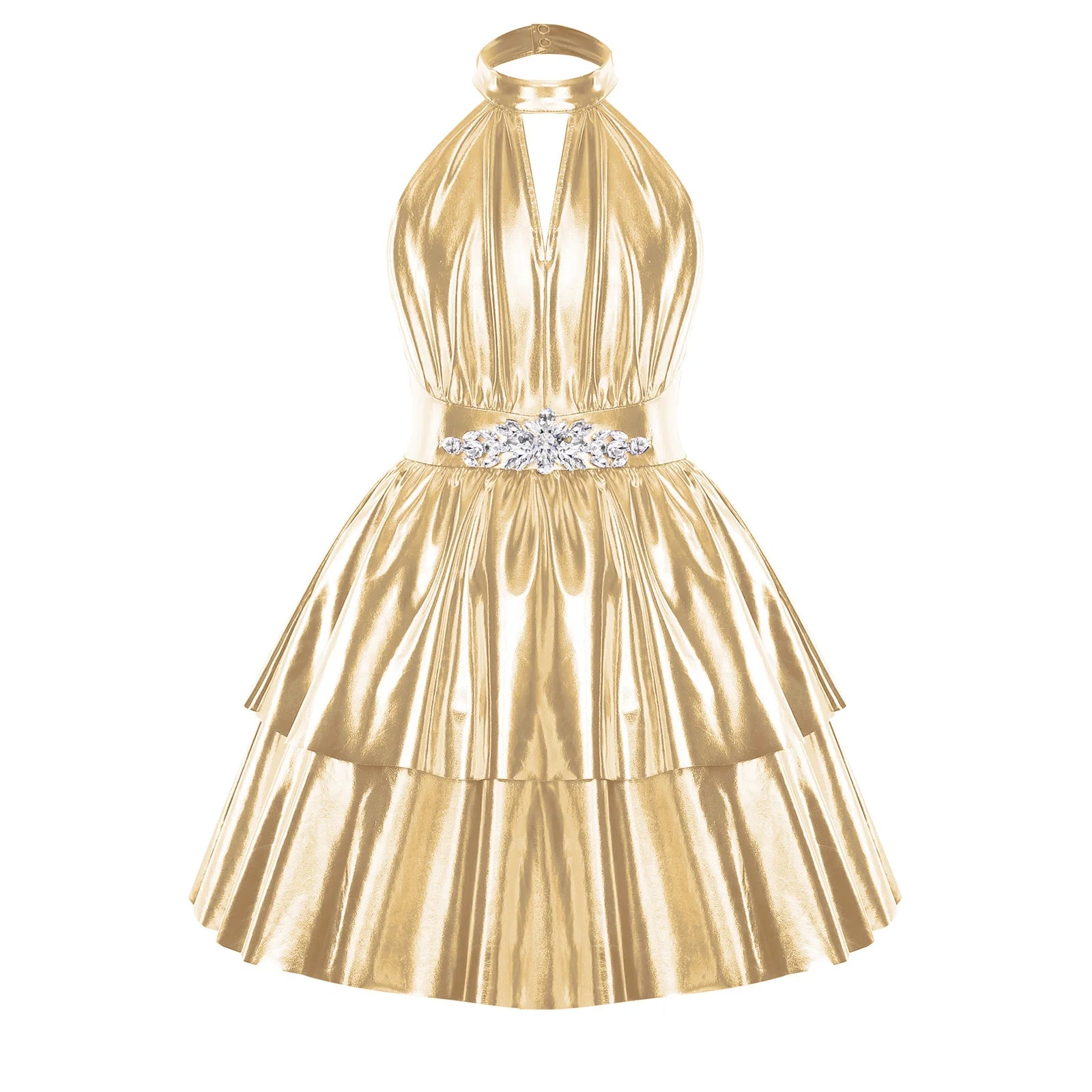 Robe de soirée métallique brillante pour enfants filles, dos nu, sans manches, strass, ourlet à plusieurs niveaux, robe trapèze, robe de bal de concours d'anniversaire