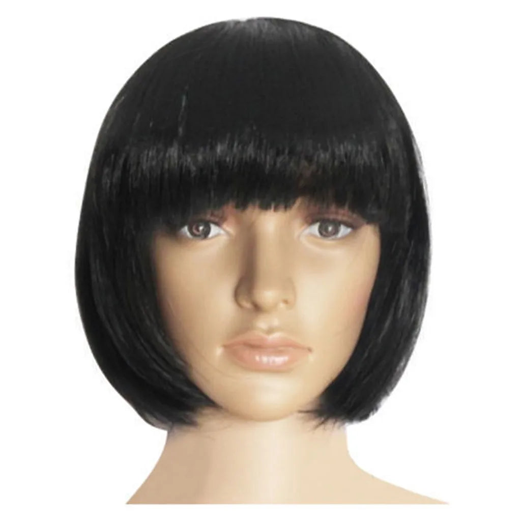 Perruques pour femmes courte ondulée Bob noir perruque avec frange perruques de cheveux synthétiques pour quotidien résistant à la chaleur fibre noir Cosplay fête perruque