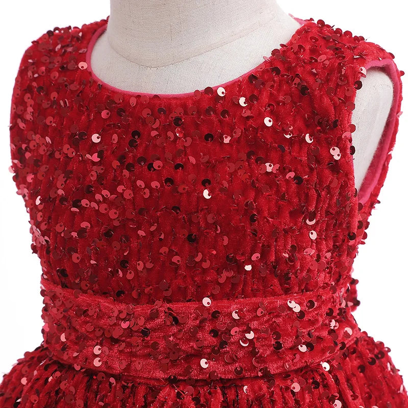 Robes de luxe pour enfants, robe de noël, paillettes scintillantes, sans manches, pour petites filles, robe formelle de bal, de concours