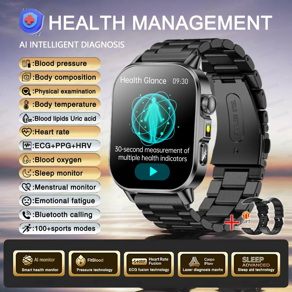 Montre connectée intelligente 2026 pour la santé des femmes, diagnostic précis, ECG+HRV, tension artérielle, oxygène sanguin, acide urique, fréquence cardiaque, appels Bluetooth