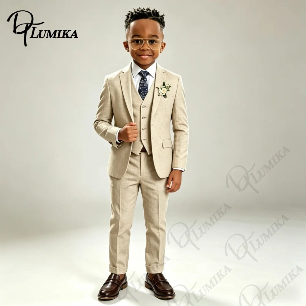 Costume élégant en lin beige pour garçons, ensemble 3 pièces avec cravate florale bleue, smoking formel haut de gamme pour mariage, porteur d'alliances, occasions spéciales d'été