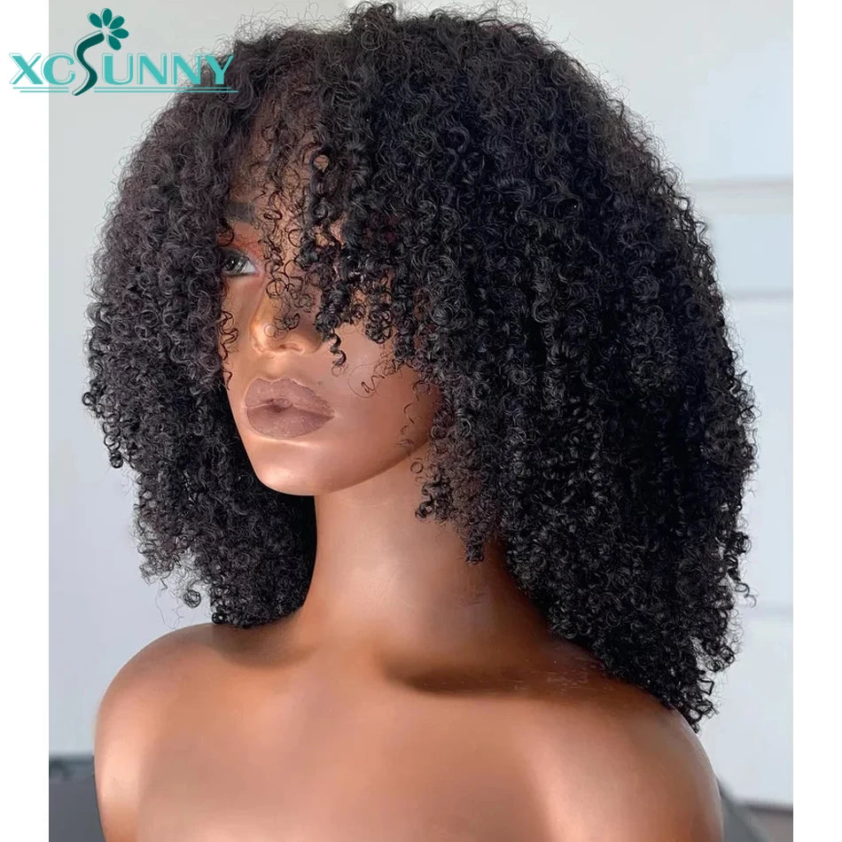 Perruques de cheveux humains bouclés crépus avec frange pour femmes noires, perruque naturelle, brésilienne, fabriquée à la machine, cuir chevelu rond