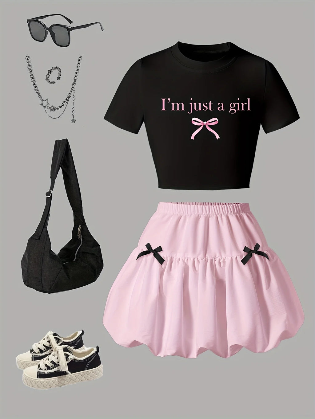 Tenue d'été décontractée pour filles : ensemble deux pièces avec haut à manches courtes à imprimé nœud et jupe lanterne en rose et noir, tendance et polyvalent, adapté aux enfants de 8 à 12 ans, à porter à la mai