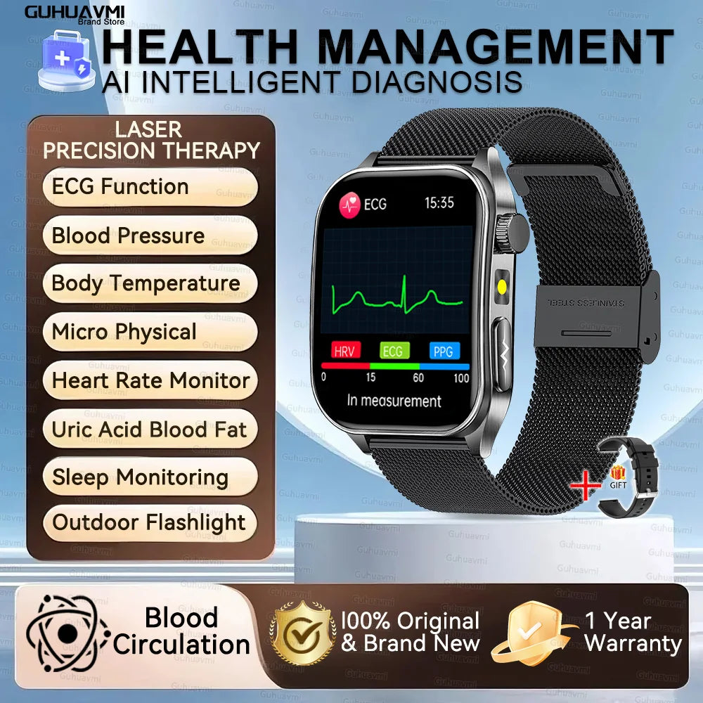2025New 650nm Laser conditionnement verre saphir montre intelligente hommes ECG fréquence cardiaque Micro examen physique santé Smartwatch température