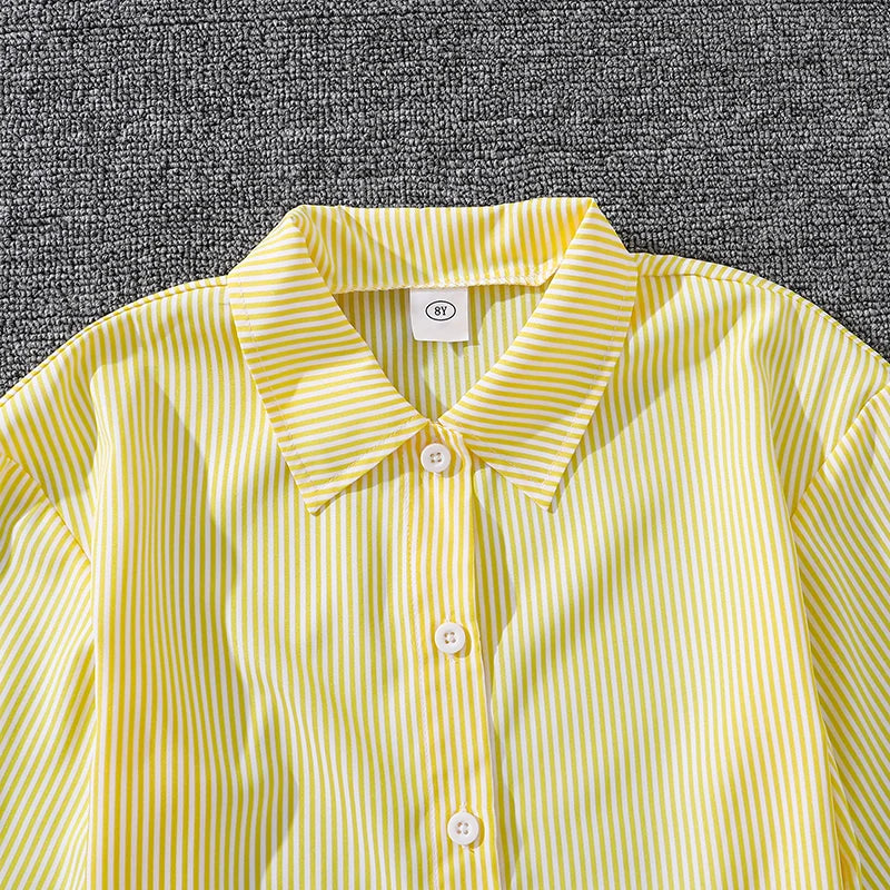 Haut à manches longues rayé jaune pour enfants, pantalon rayé jaune imbibé, étiquettes simples classiques, printemps et automne, filles de 4 à 12 ans