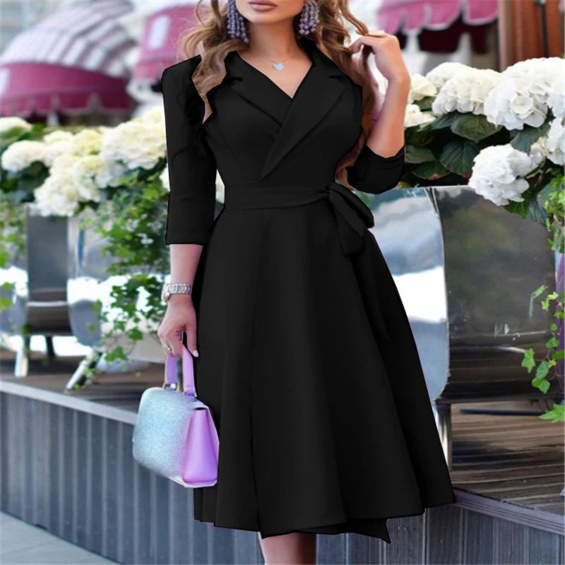 Robe à la taille pour femmes, col en v, bretelles, manches mi-longues, tempérament, robe de banlieue, nouvelle collection