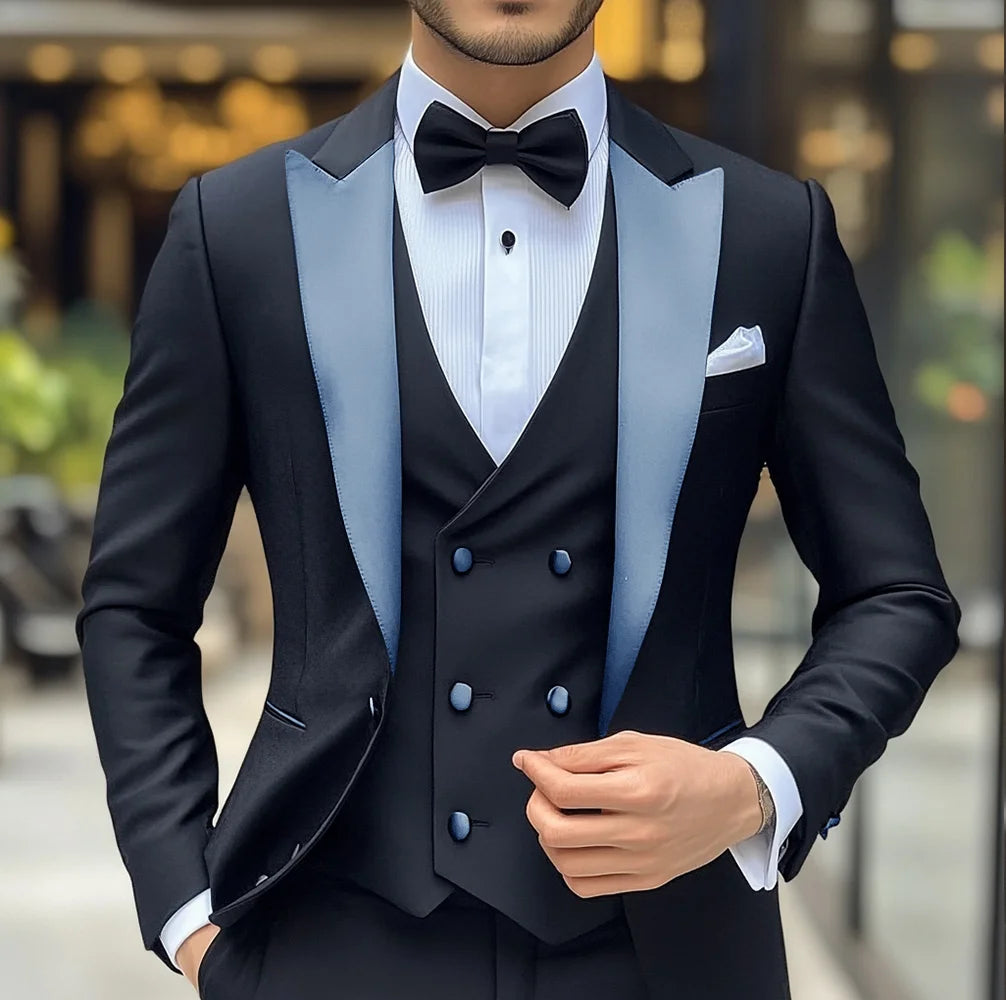 Costume 3 pièces de smoking de mariage pour marié, costume noir pour hommes, veste, pantalon, gilet formel, Blazer à revers, tenue cintrée