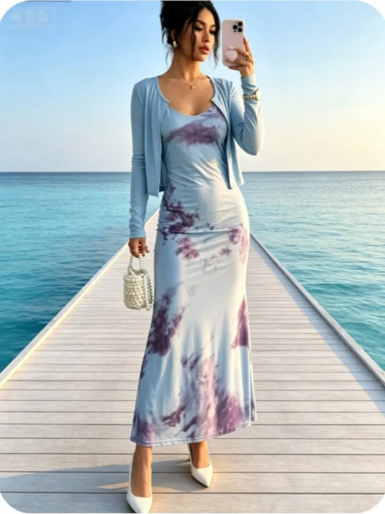 Ensemble élégant 2 pièces imprimé pour femme : Robe moulante mi-longue et cardigan court à manches longues – Tenue décontractée pour le quotidien et le street style