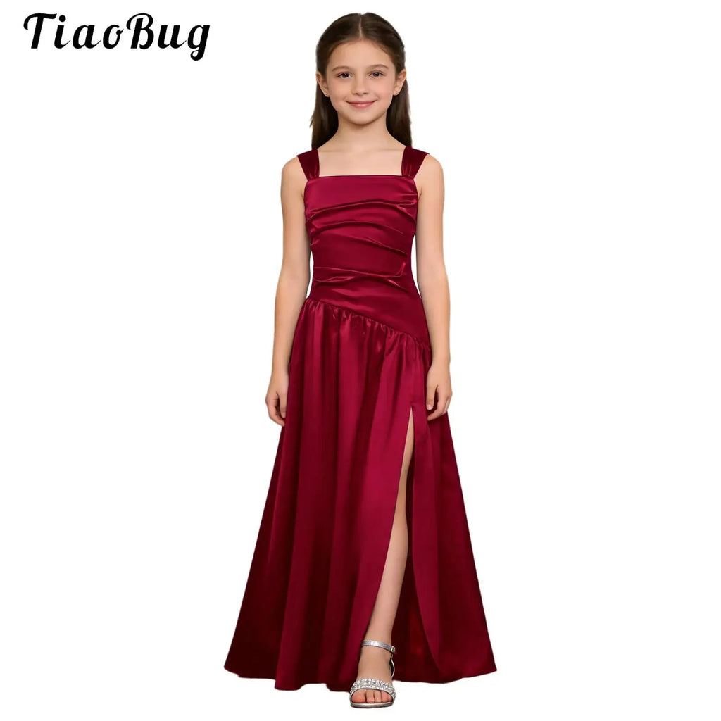 Robes de Demoiselle d'Honneur Élégantes pour Filles, Robe de Soirée de Mariage pour Enfants, Robe en Satin sans Manches avec Fente Latérale Coupe A-line, Robes de Mariage et d'Anniversaire