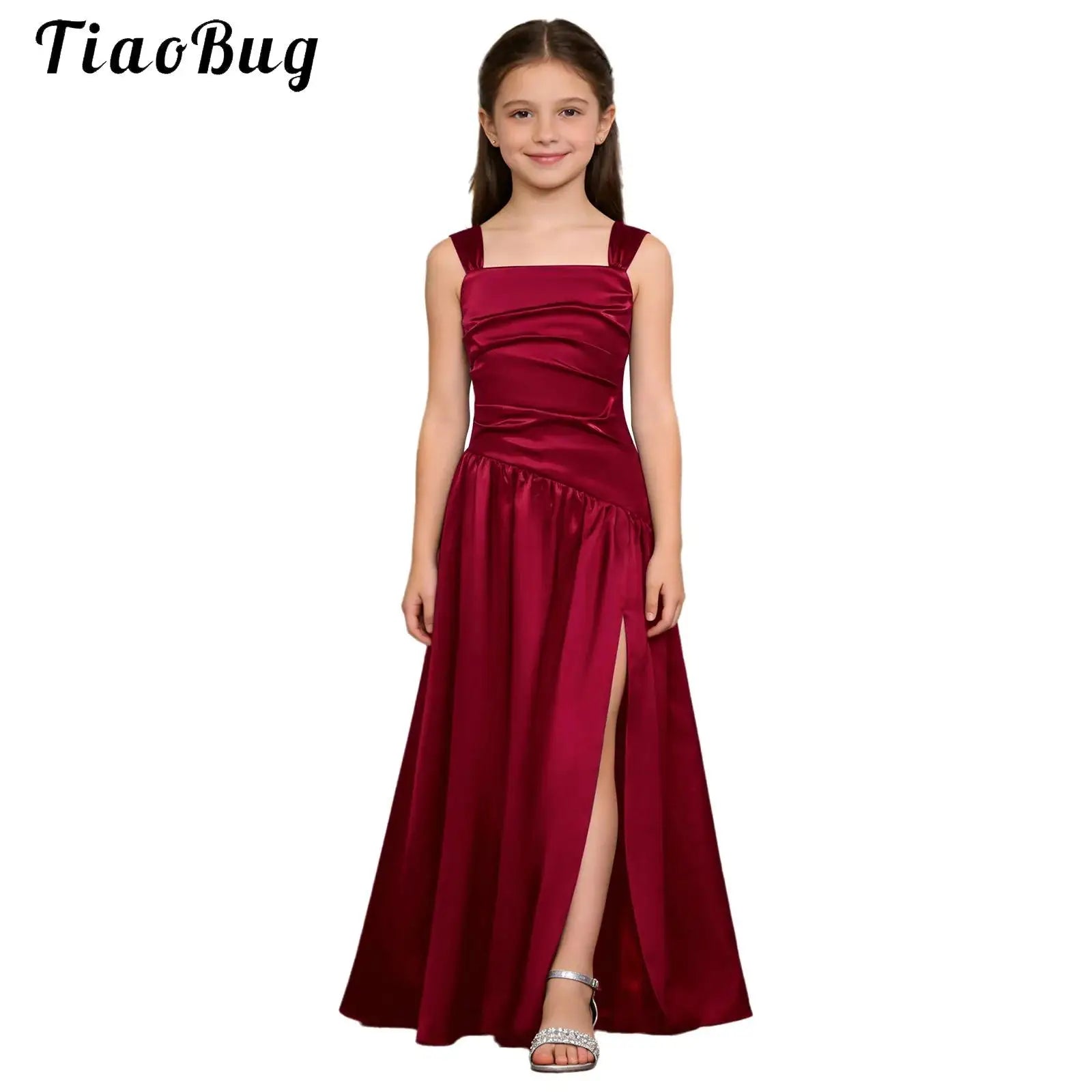 Robes de Demoiselle d'Honneur Élégantes pour Filles, Robe de Soirée de Mariage pour Enfants, Robe en Satin sans Manches avec Fente Latérale Coupe A-line, Robes de Mariage et d'Anniversaire