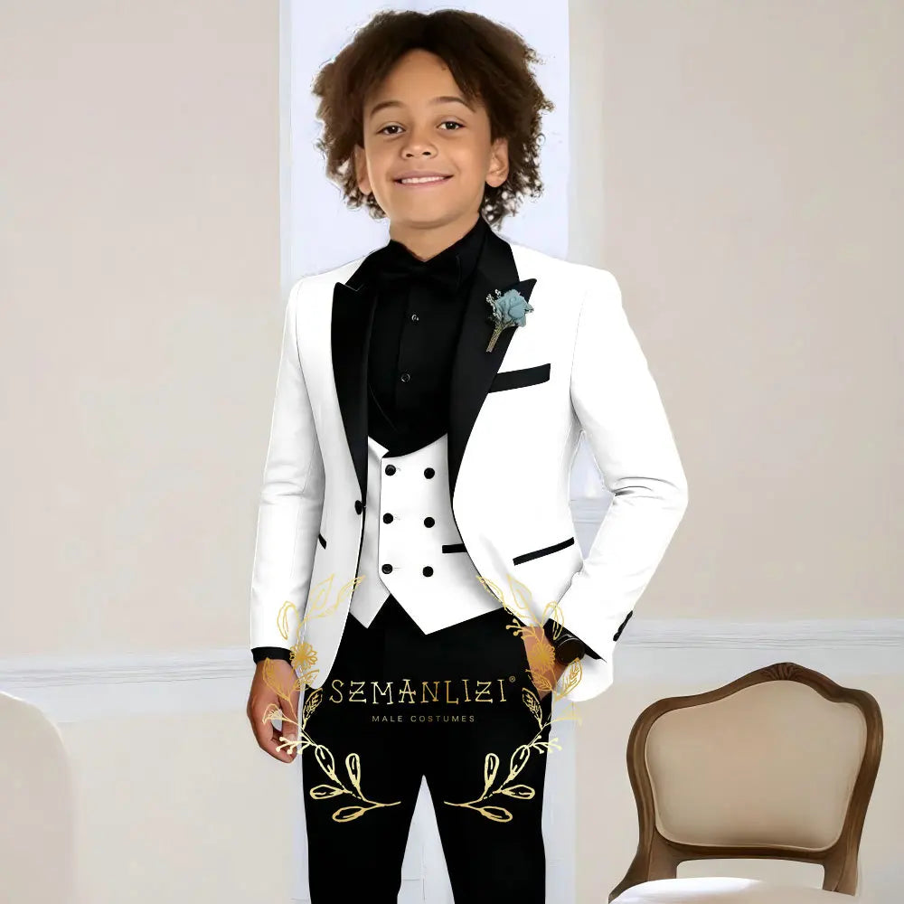 Costume de smoking de mariage pour garçons, 3 pièces, veste à col à visière, pantalon, gilet, ensemble Blazer formel pour enfant, tenue cintrée, costume garcon mariage
