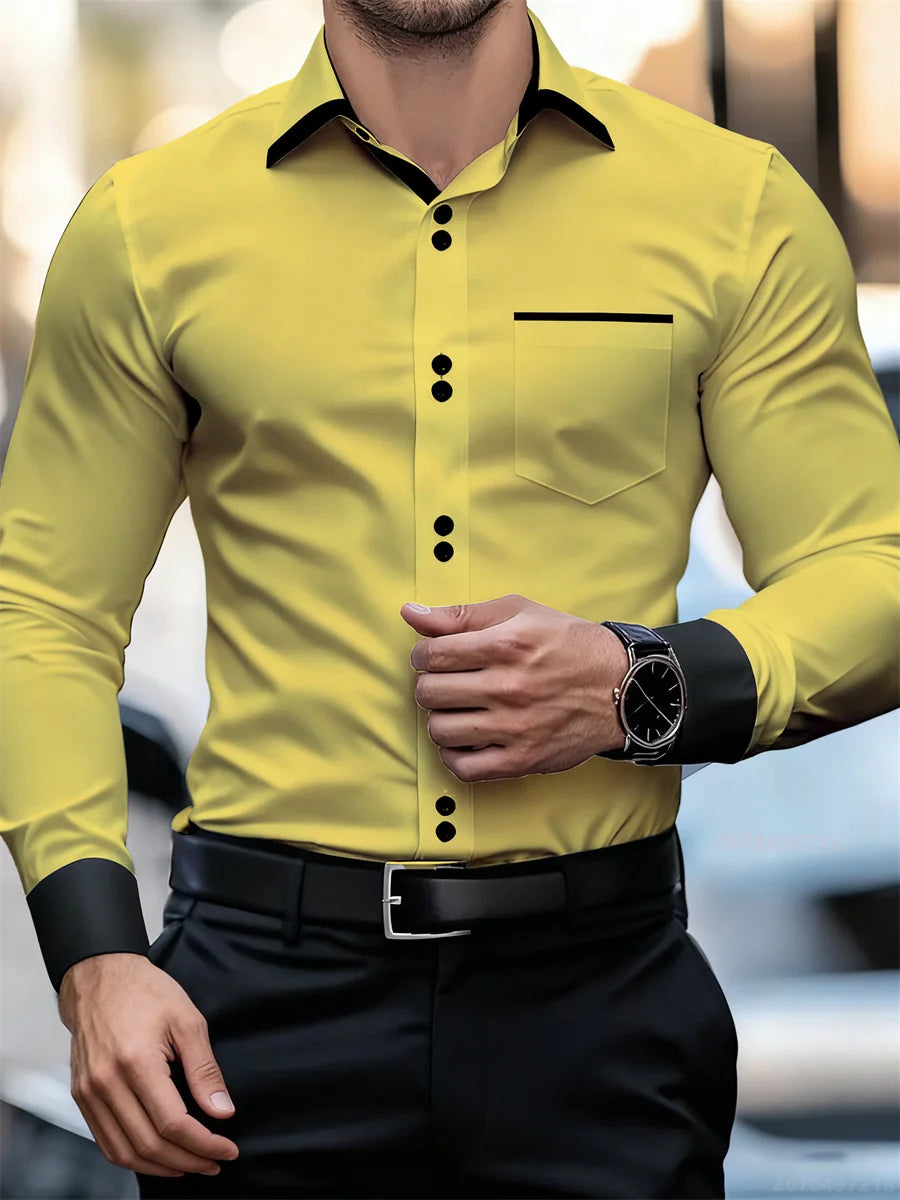 Chemise à manches longues à col bloc de couleur pour hommes d'affaires, coupe ajustée, sans plis, chemise Patchwork noir et blanc, haut tendance pour hommes