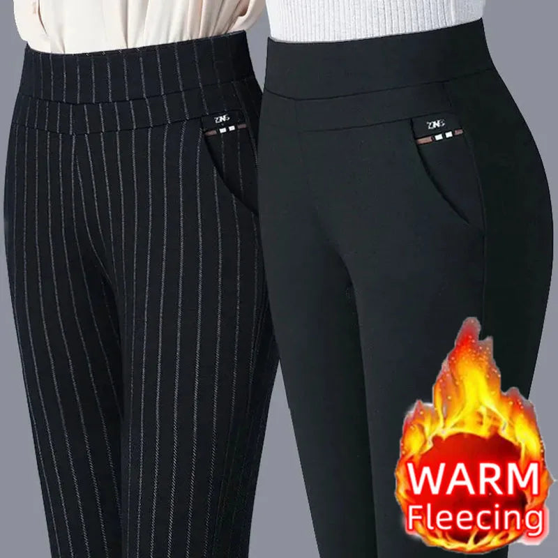 2025 automne hiver décontracté élégant bureau minceur couleur unie polaire épais mince femmes pantalon taille élastique serré crayon pantalon