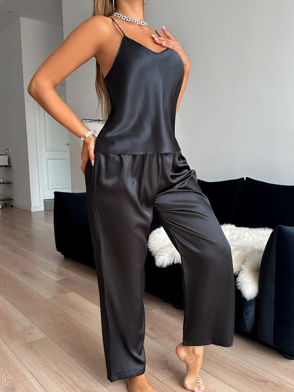 Ensemble pyjama pour femmes, col en V, couleur unie, pantalon licou, à la mode et confortable, ensemble 2 pièces