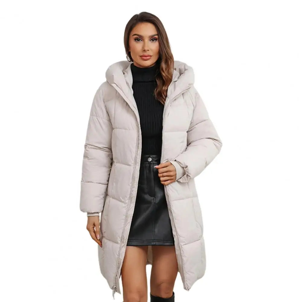 Veste d'hiver longue à capuche pour femme, manteau d'hiver matelassé et épais avec capuche, taille ajustée, longueur mi-longue