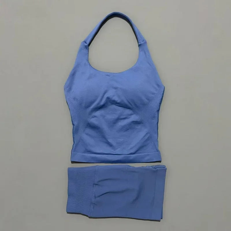Ensemble de sport 2 pièces pour femme : débardeur long à bretelles rembourré et short de sport sans couture pour le yoga, le fitness et la course à pied