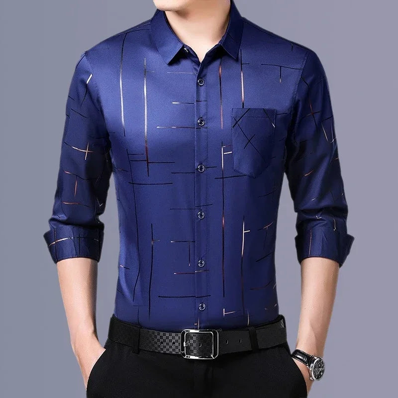 Chemise imprimée à manches longues pour hommes, haut d'affaires décontracté et à la mode, sans repassage et résistant aux rides