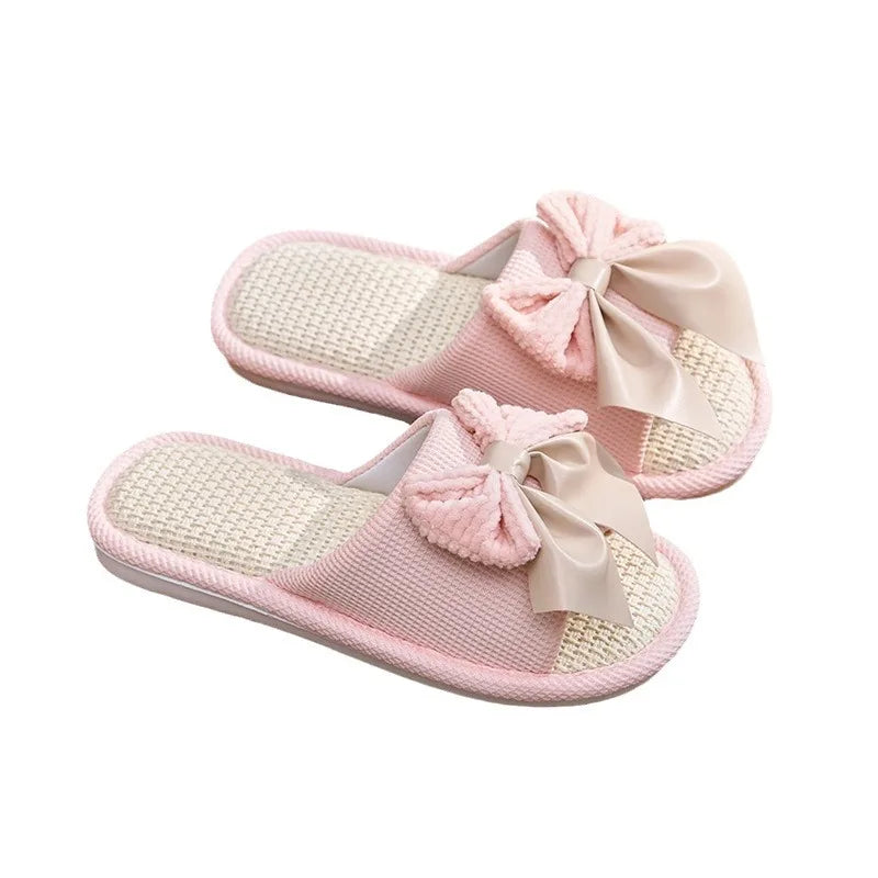 Chaussons d'été décontractés en lin pour femmes avec nœud multicolore fantaisie, antidérapants, à enfiler, pour la maison, pour filles, design simple et mignon