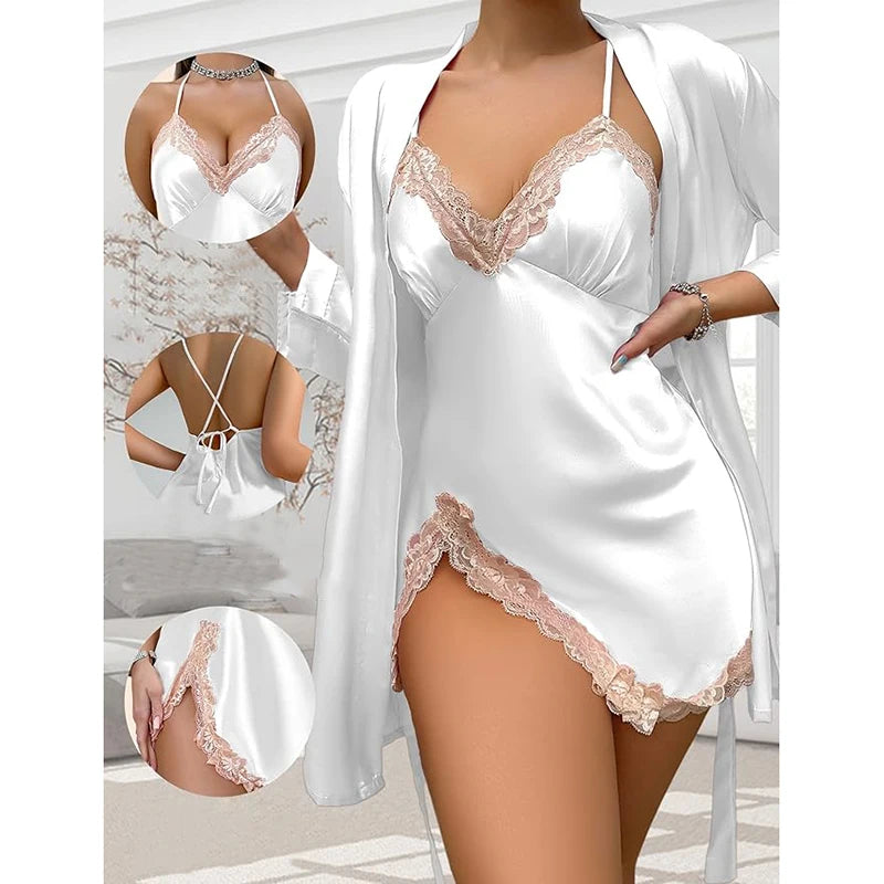 Ensemble de Nuit Respirant 2 Pièces pour Femme : Caraco en Soie à Bordure Dentelle et Dos Ouvert & Short Fendu