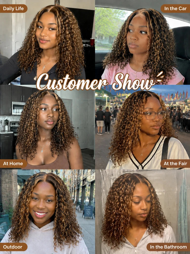 Perruque Courte Bouclée Bob 427 Cheveux Humains Ondulés Profonds Densité 260 avec Fermeture en Dentelle HD 5x5 pour Femmes Noires Prête à Porter Sans Colle